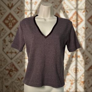 Vintage Chazzz By Charles Chailian Brown V Neck Top Satin Trim MD In USA SZ L